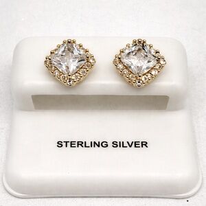 Gold Plated 925 Sterling CZ Halo Princess Cut Stud Earrings 8.9mm